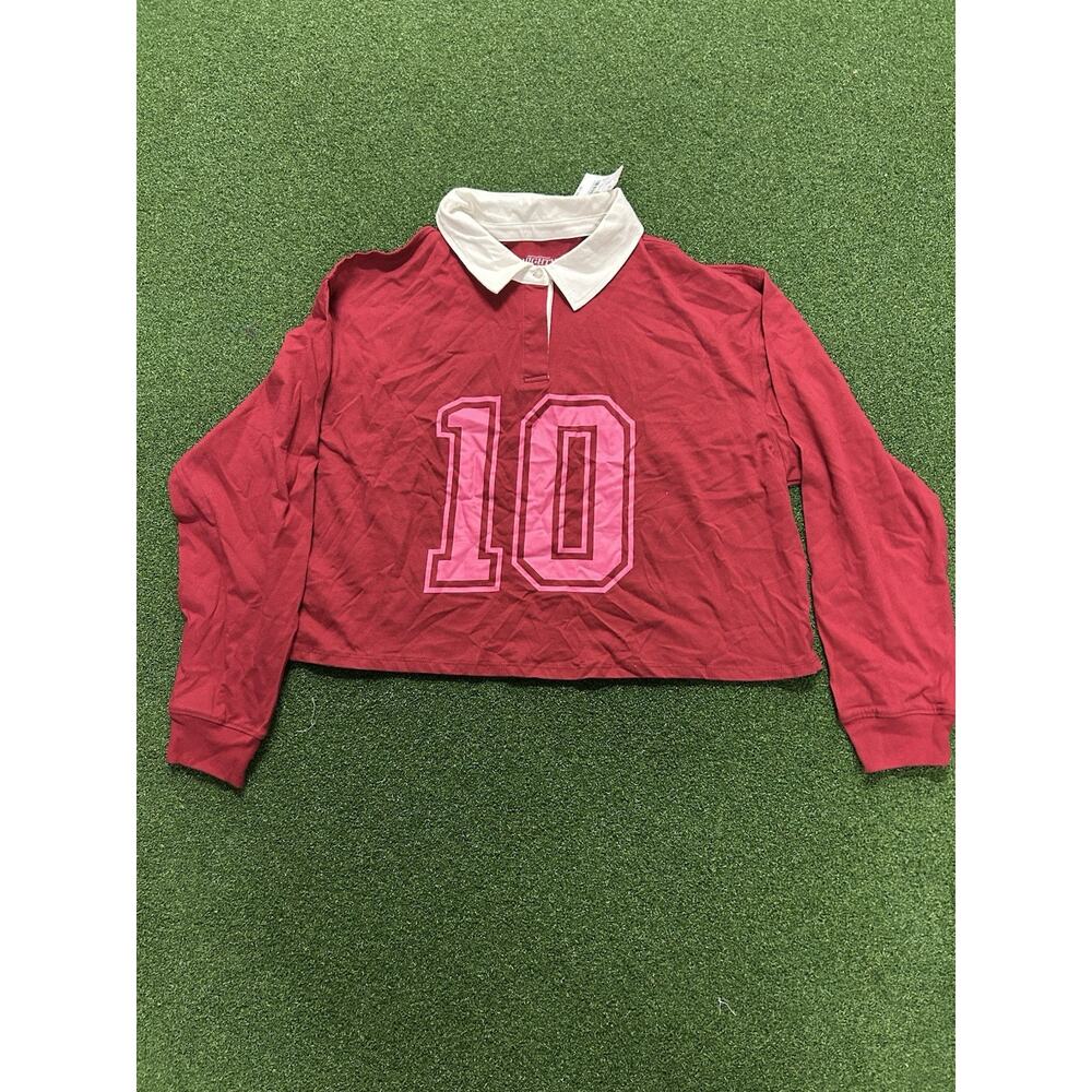 Mighty Fine Burgundy Cropped Long Sleeve Rugby Shirt Top Size 2x